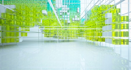 Abstract white and colored gradient glasses interior from array cubes with large window. 3D illustration and rendering.