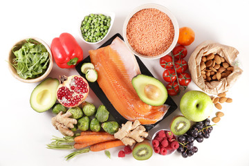 health food collection isolated on white background, top view