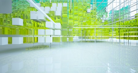 Fototapeta premium Abstract white and colored gradient glasses interior from array cubes with large window. 3D illustration and rendering.