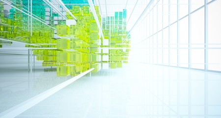Obraz premium Abstract white and colored gradient glasses interior from array cubes with large window. 3D illustration and rendering.