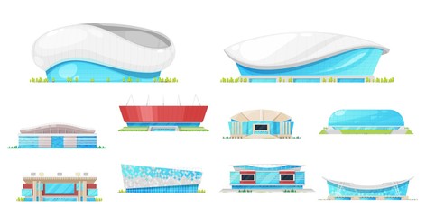 Stadium and sport arena building vector icons. Football or soccer game, ice hockey, basketball and baseball stadium exteriors with play fields, scoreboards and rink, light masts and entrances © Vector Tradition
