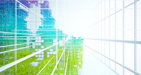 Abstract white and colored gradient glasses interior from array cubes with large window. 3D illustration and rendering.