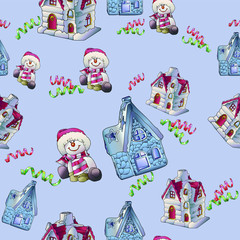Seamless background with snowmen, fairy houses. The pattern can be used for fabric, web wallpaper or wrapping paper.