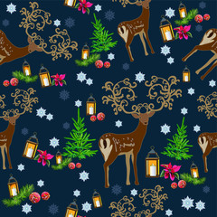  Geometric seamless pattern with christmas elements. Deer, Christmas tree, lantern, poinsettia, pine branches, Christmas balls.