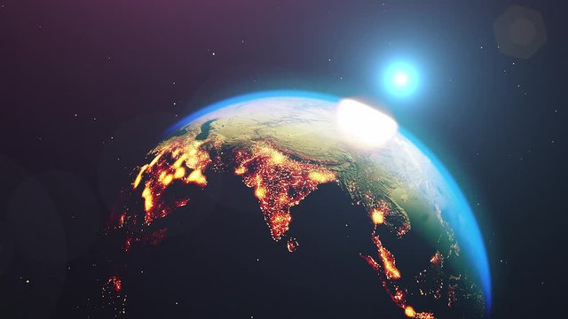 Beautiful sunrise world skyline animation. Planet earth rotates in space. Planet earth in the night lights. 4k. Images from NASA