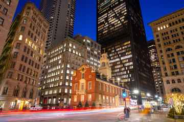 Old State House on historic Freedom Trail at night in blue hour in downtown Boston, Massachusetts,...