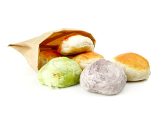 Colorful Chinese pastry Mung Bean with Egg Yolk or moon cake , Chinese festival dessert isolated on white background