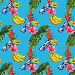 Watercolor tropical seamless pattern with sunglasses. Hand drawing decorative background. Print for textile, cloth, wallpaper, scrapbooking