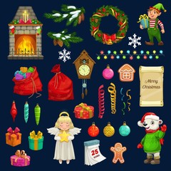 Christmas and New Year vector icons. Winter holidays Xmas tree, gifts and Santa bags, snowflakes, present boxes and angel with star, wreath with bell, ribbons and snow, ornament balls and gingerbread