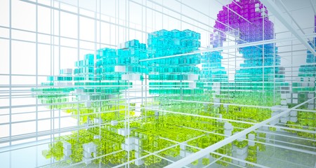 Abstract white and colored gradient glasses interior from array cubes with large window. 3D illustration and rendering.