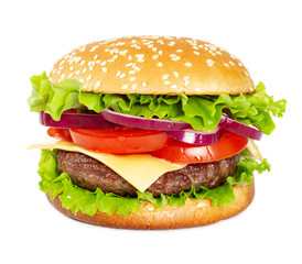 Classic cheeseburger isolated on white background.