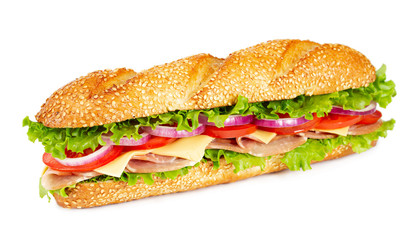 Sandwich with ham, tomato, cheese, onion and lettuce