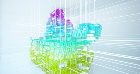 Abstract white and colored gradient glasses interior from array cubes with large window. 3D illustration and rendering.