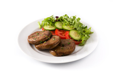 Seitan with vegetables isolated on white background. Fake meat.