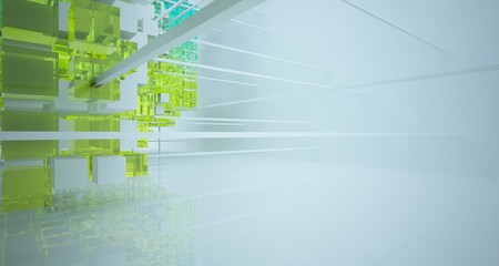 Fototapeta premium Abstract white and colored gradient glasses interior from array cubes with large window. 3D illustration and rendering.