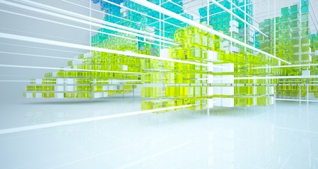 Fototapeta premium Abstract white and colored gradient glasses interior from array cubes with large window. 3D illustration and rendering.