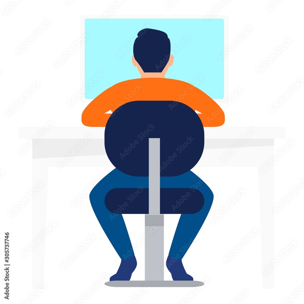 Poster man at computer icon. flat illustration of man at computer vector icon for web design