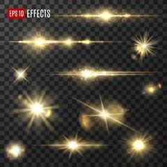 Light shine and golden glitter sparkler, sunlight flashes, vector isolated icons. Gold light star sparks, glittering rays and glowing sparklers with lens flare and bokeh effect