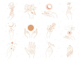 Naklejka premium Collection of fine, hand drawn style logos and icons of human hands in one line style. Fashion, skin care and wedding concept illustrations. Minimalistic style