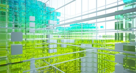 Abstract white and colored gradient glasses interior from array cubes with large window. 3D illustration and rendering.