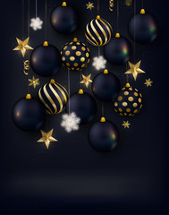 Elegant Christmas black Background .New Year 2020 greeting card with shiny black balls, golden 3d star,snowflakes, lights, confetti.Vector illustration.