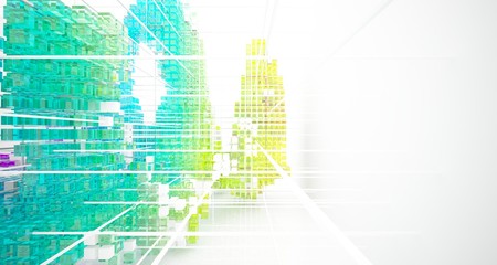 Abstract white and colored gradient glasses interior from array cubes with large window. 3D illustration and rendering.