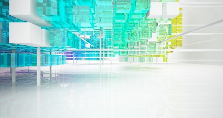 Abstract white and colored gradient glasses interior from array cubes with large window. 3D illustration and rendering.