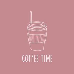 Coffee time. Vector drawing coffee with the inscription. Minimalistic linear design. Logo design