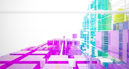 Abstract white and colored gradient glasses interior from array cubes with large window. 3D illustration and rendering.