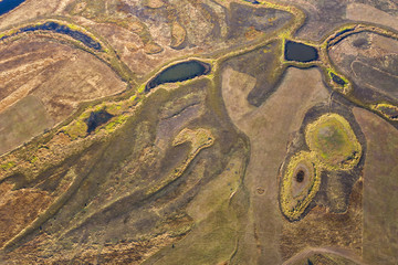 Aerial view of river flood. Beautiful flooded meadow.