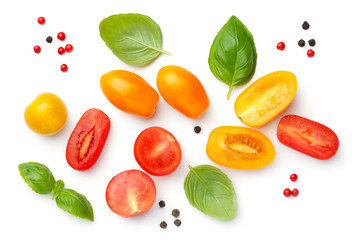 Cherry Tomatoes Composition With Basil And Peppercorns