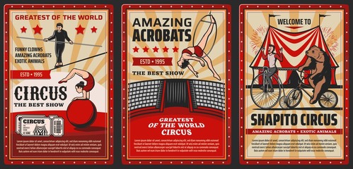 Circus and funfair carnival, vector vintage retro posters, exotic animals and acrobats. Shapito big top circus tent, tamed bear on bicycle, equilibrist on aerial trapeze and tightrope walking - obrazy, fototapety, plakaty