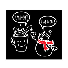 Snowman talks with a cup of coffee in winter.