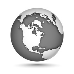 Obraz premium Globe icon gray on white with smooth vector shadow and map of the continents in the northern hemisphere. White continent and gray water. Vector illustration