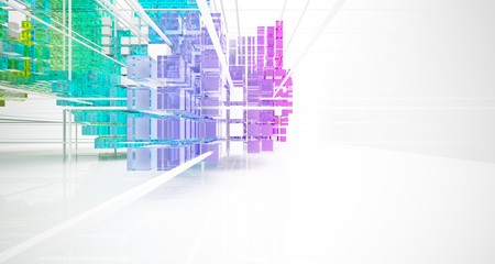 Abstract white and colored gradient glasses interior from array cubes with large window. 3D illustration and rendering.