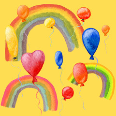 Seamless pattern. Balloons of different colors and rainbows. Watercolor illustration, handmade