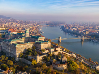 Fototapeta na wymiar Budapest, Hungary, Aerial View of Cityscape at Sunrise in Fall Season