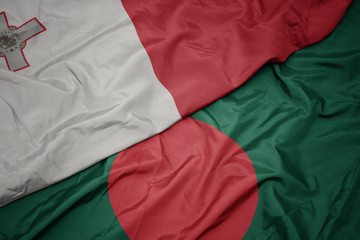 waving colorful flag of bangladesh and national flag of malta.