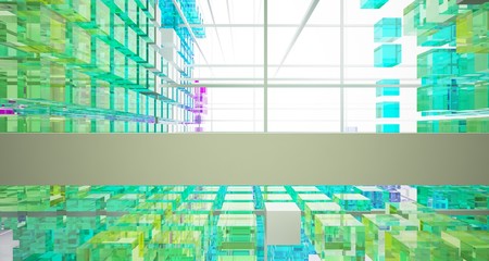 Abstract white and colored gradient glasses interior from array cubes with large window. 3D illustration and rendering.