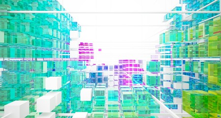 Abstract white and colored gradient glasses interior from array cubes with large window. 3D illustration and rendering.