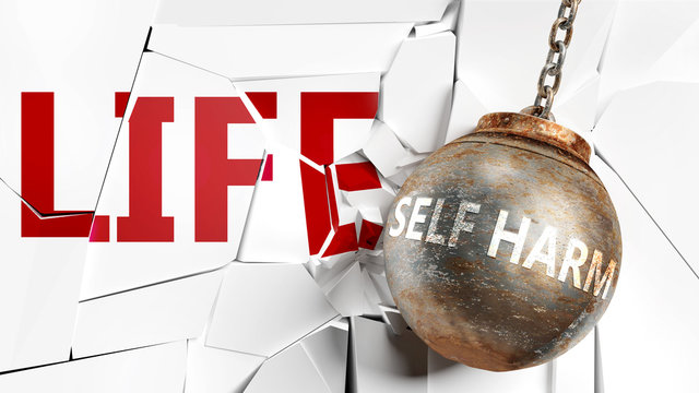 Self harm and life - pictured as a word Self harm and a wreck ball to symbolize that Self harm can have bad effect and can destroy life, 3d illustration