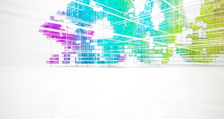 Obraz premium Abstract white and colored gradient glasses interior from array cubes with large window. 3D illustration and rendering.