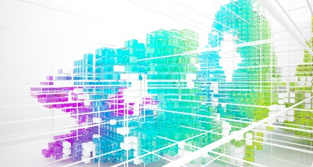 Abstract white and colored gradient glasses interior from array cubes with large window. 3D illustration and rendering.