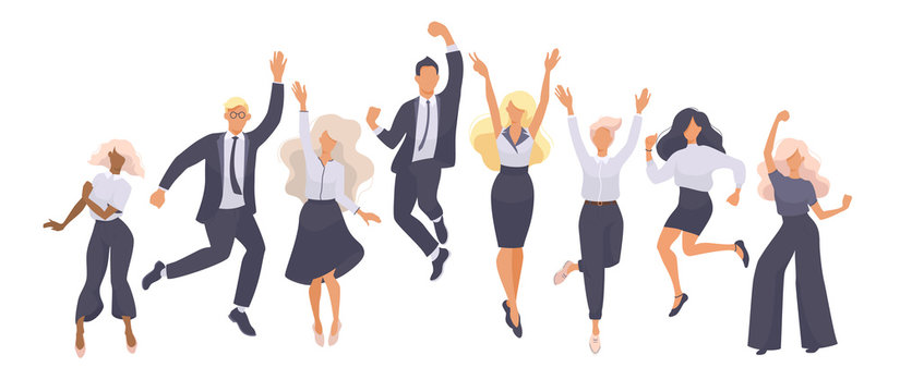 set of jumping successful happy people in office wear. Modern vector illustration flat design on white background for web banner, marketing material, business presentation, online advertising - Vector