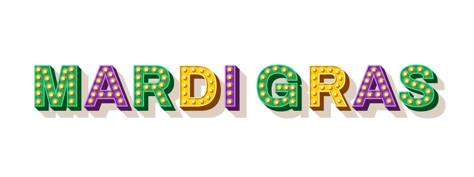 Mardi Gras Typography Design. Vector Illustration. Retro Light Bulbs Font