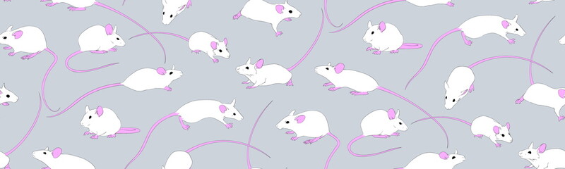 Seamless pattern with white rats in different poses. Small cartoon mouse collection. Vector animal illustration, New Year 2020 zodiac symbol