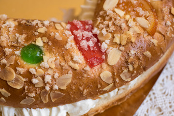 Roscon de Reyes, Christmas cake, with cream, almonds, sugar and candied fruits