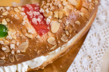 Roscon de Reyes, Christmas cake, with cream, almonds, sugar and candied fruits
