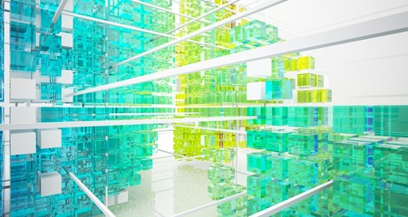 Abstract white and colored gradient glasses interior from array cubes with large window. 3D illustration and rendering.