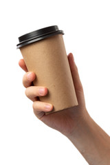 Mockup of male hand holding a Coffee paper cup isolated on light white background.